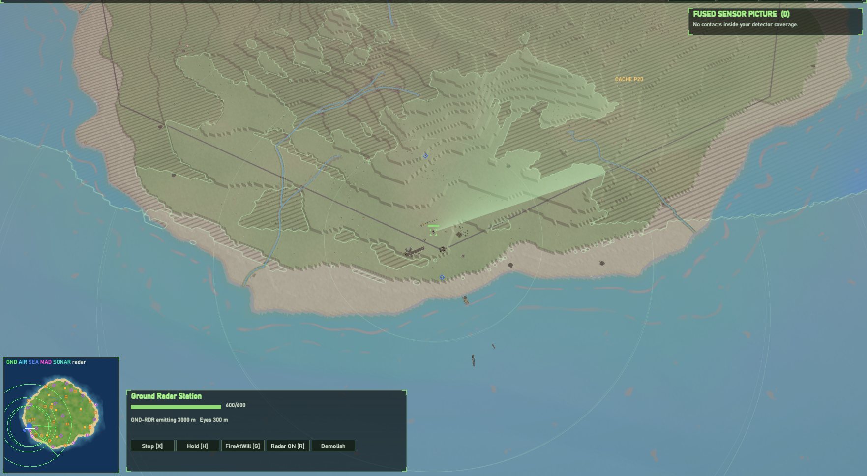 Ground radar coverage painted onto the terrain, with shadows behind hills