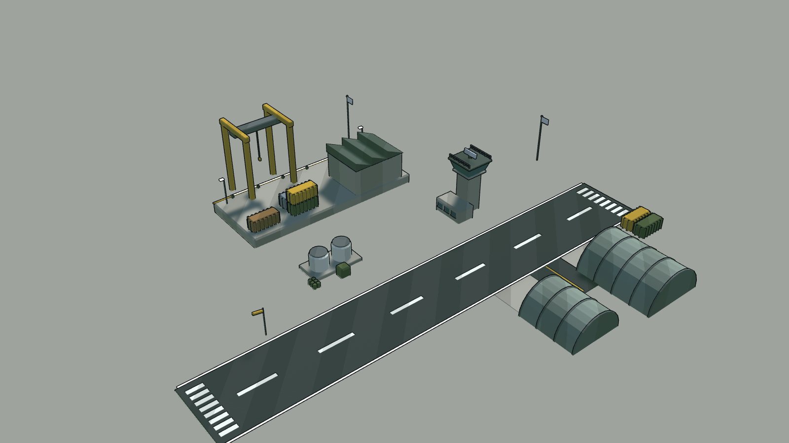 Airstrip, hangars and support buildings