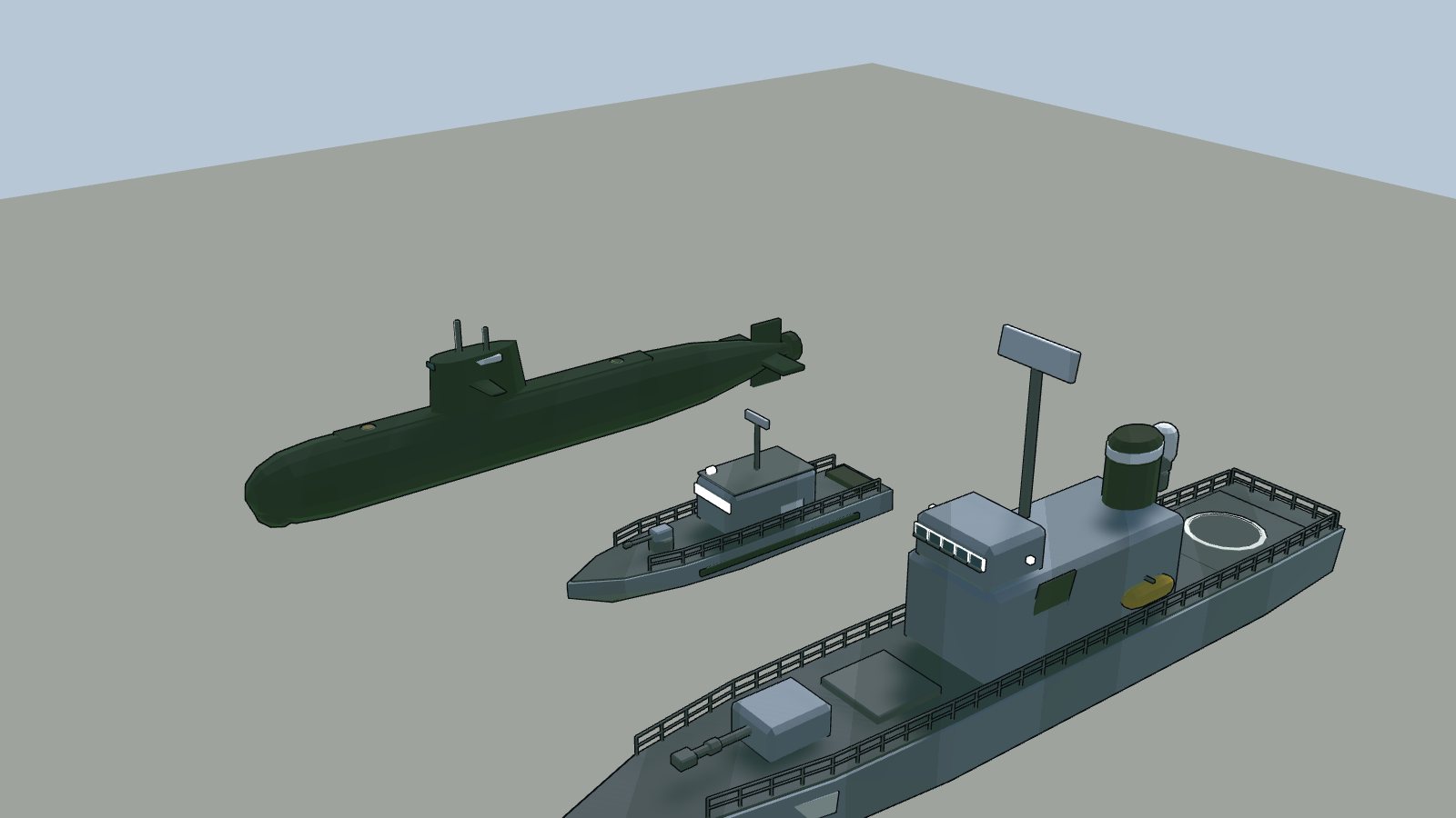 A submarine, patrol boat and frigate