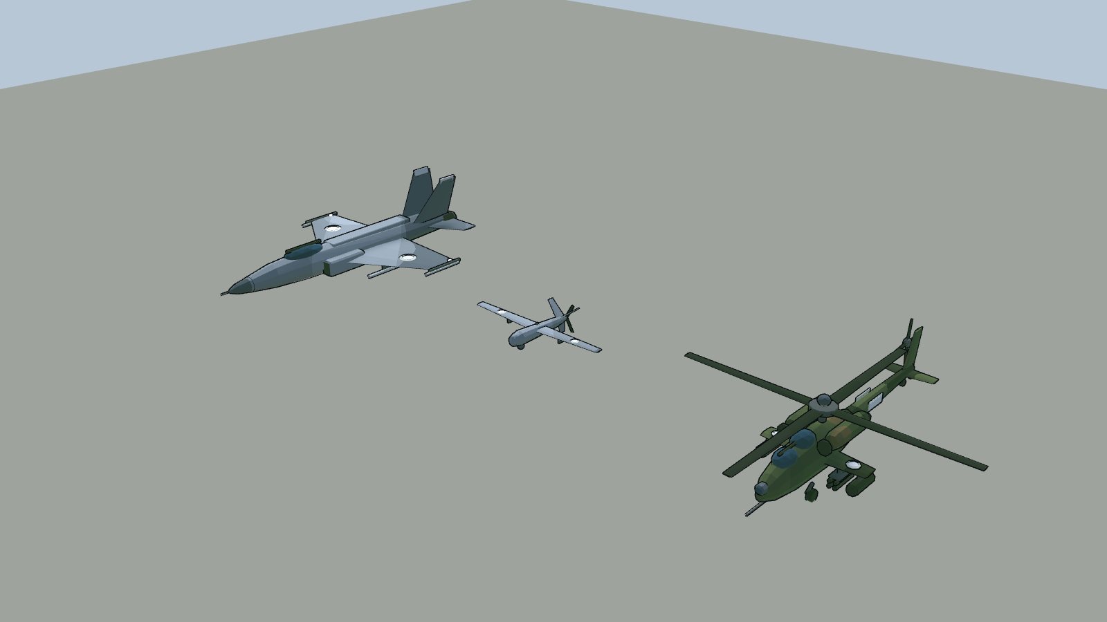 A fighter jet, drone and attack helicopter