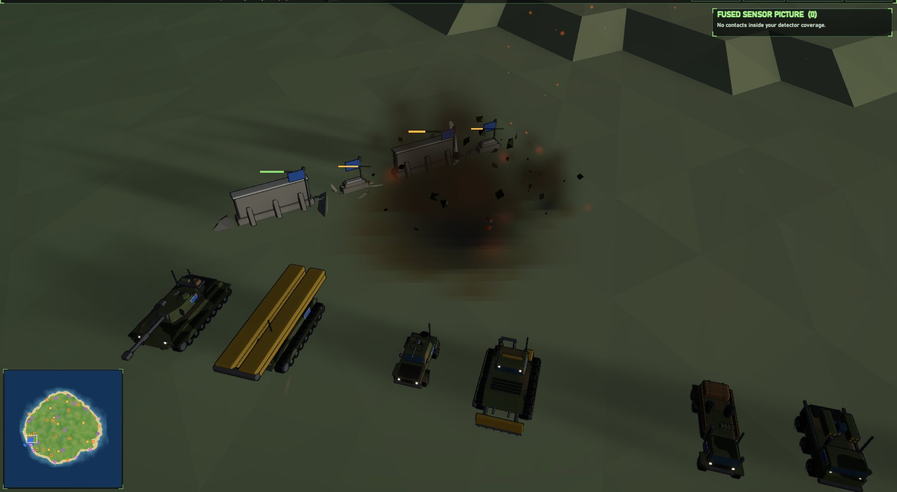 An explosion among ground vehicles at night