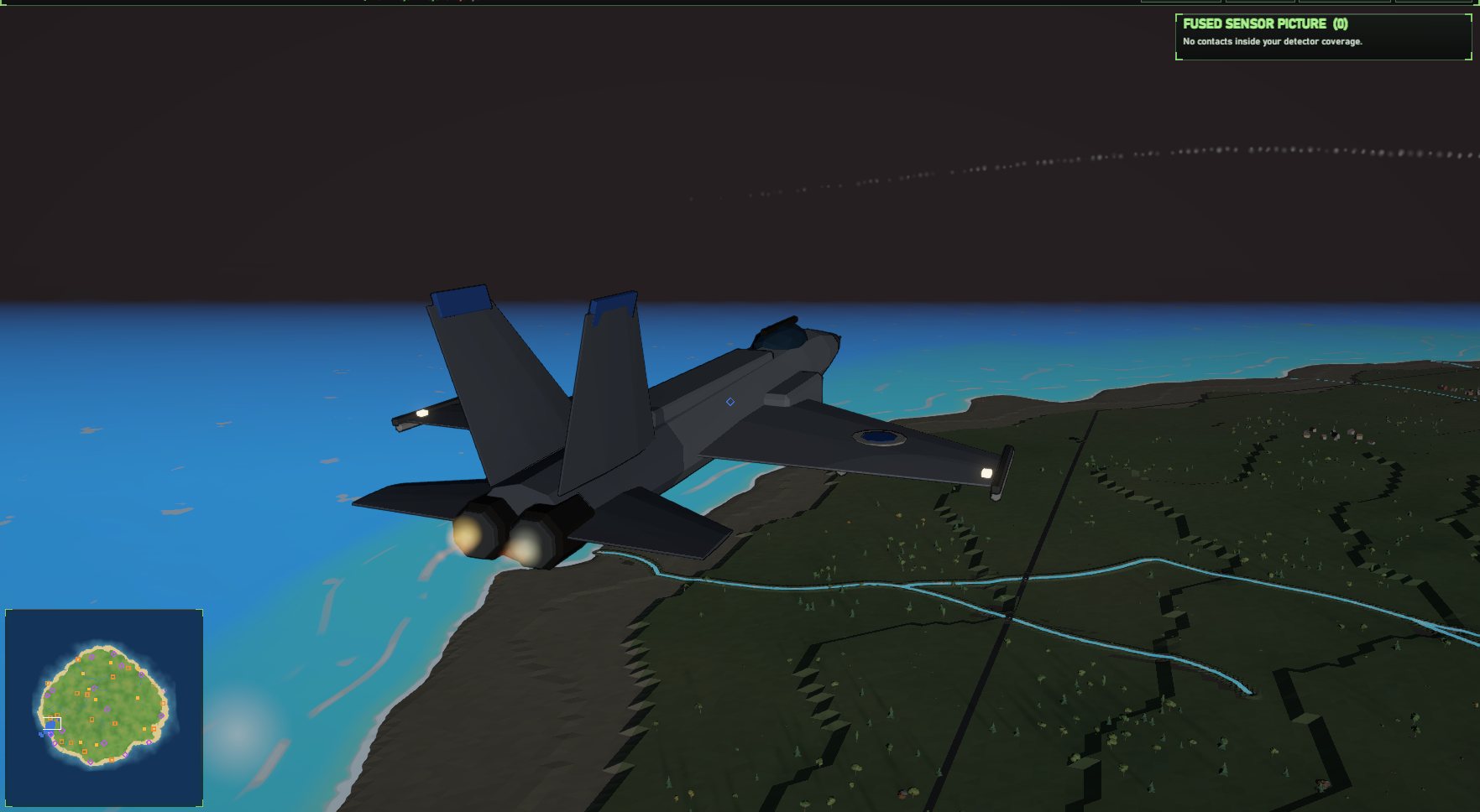 A fighter jet with afterburners over the coast